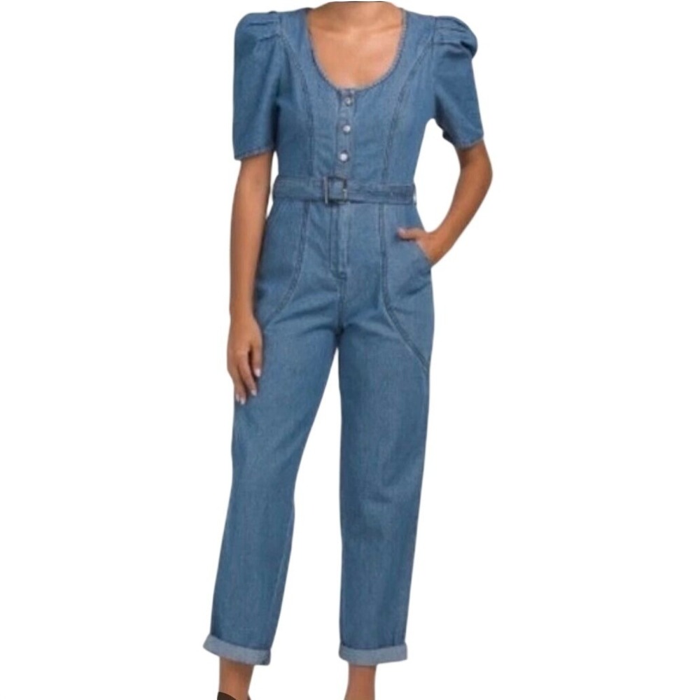 Jessica Simpson Medium Wash Denim Puff Sleeve Belted Jumpsuit M Utility